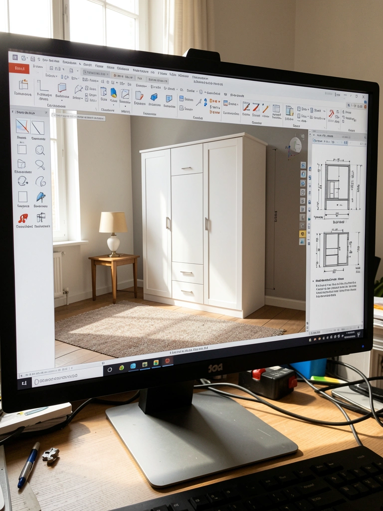 Monitor de computador exibindo modelo 3D de guarda-roupa branco em sala com janela, mesa com luminária e tapete, com plantas arquitetônicas e luz natural.