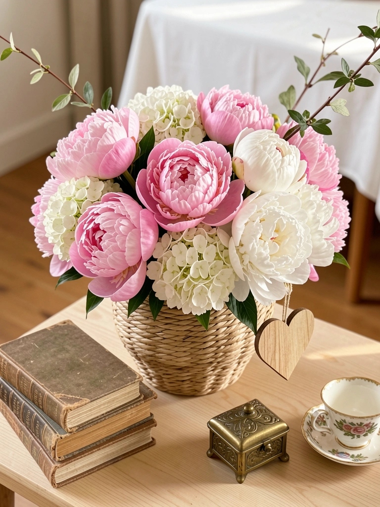 Grande buquê de peônias e hortênsias rosas e brancas em vaso de palha sobre mesa de madeira clara, com livros antigos, caixa de latão e xícara vintage; pingente de madeira em formato de coração pendurado nos galhos; luz natural suave.