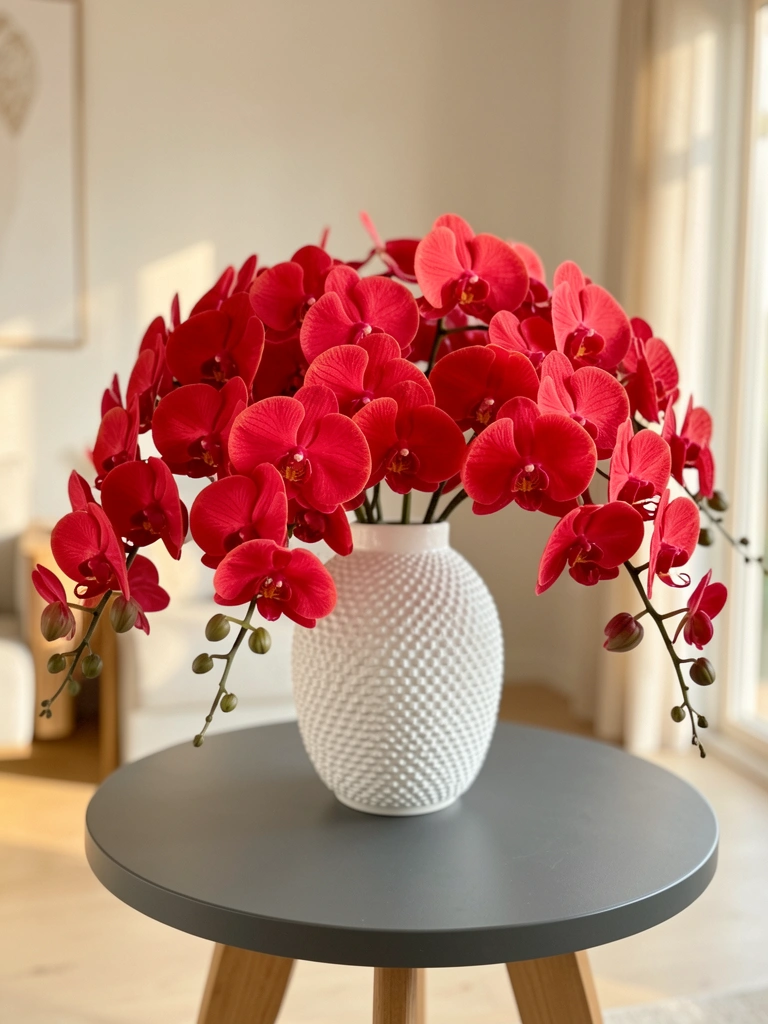 Orquídeas vermelhas em vaso de cerâmica branca texturizado sobre mesa redonda escura, luz natural suave ao fundo.