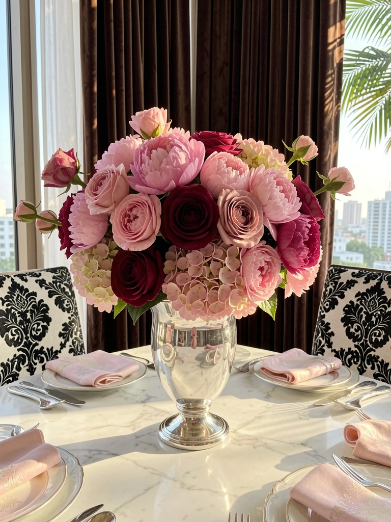 Vaso de vidro com buquê de rosas e hortênsias sobre mesa de mármore branco, cortinas de veludo marrom e cadeiras estampadas ao fundo.