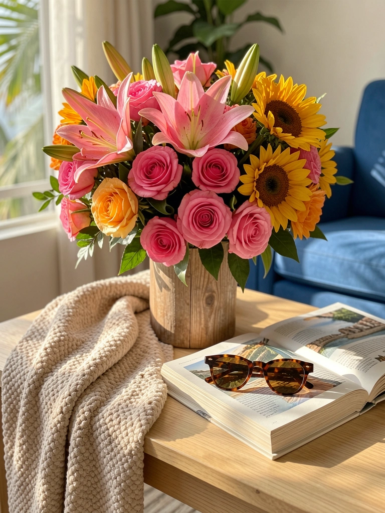 Vaso rústico com rosas, lírios e girassóis sobre mesa de madeira clara, óculos sobre livro de viagens, manta bege texturizada e luz natural filtrada.