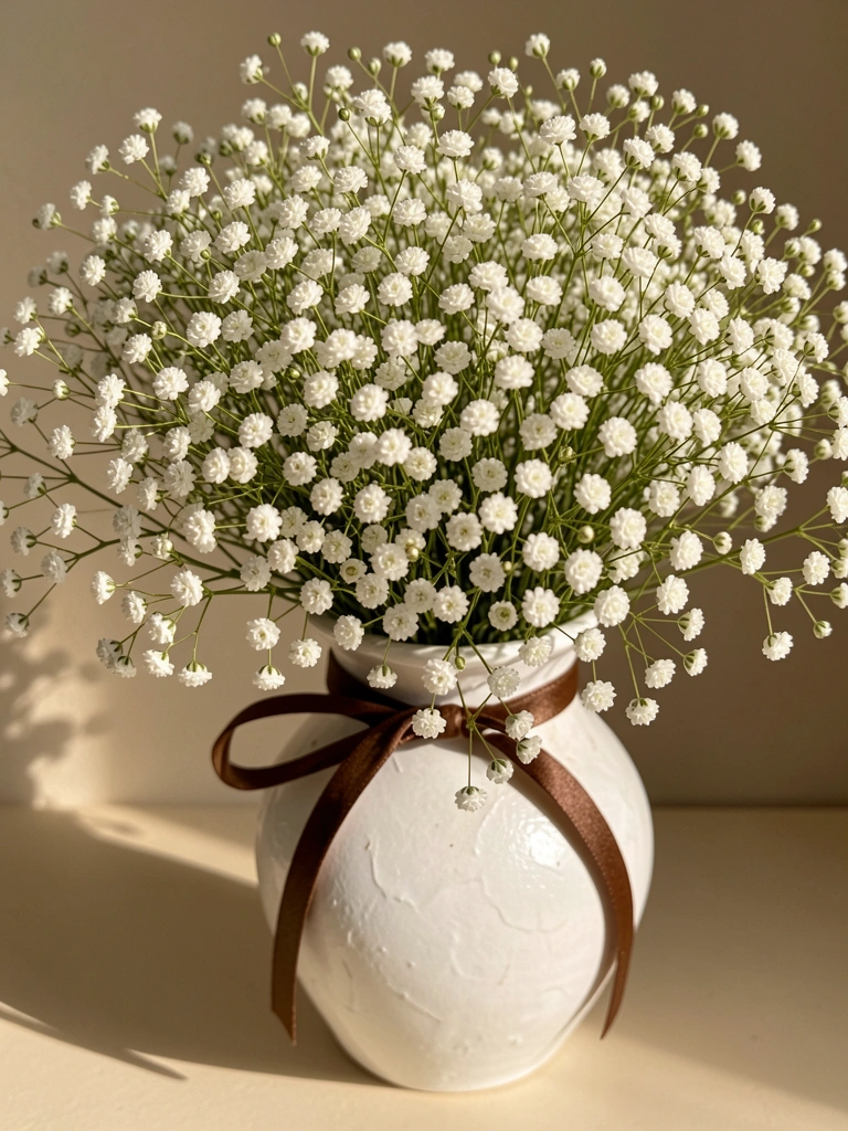 Vaso de cerâmica branco com laço marrom, cheio de flores baby