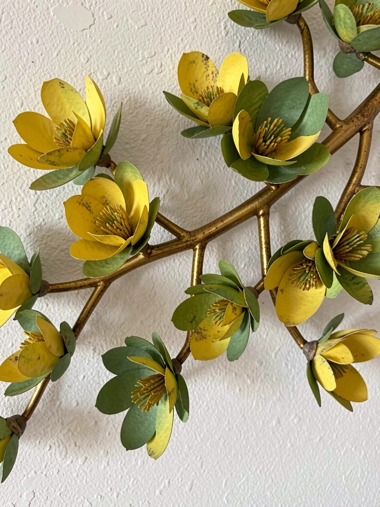 Galho metálico dourado com flores de magnólia amarelas e verdes fixado em parede texturizada, luz natural difusa destacando detalhes artesanais.