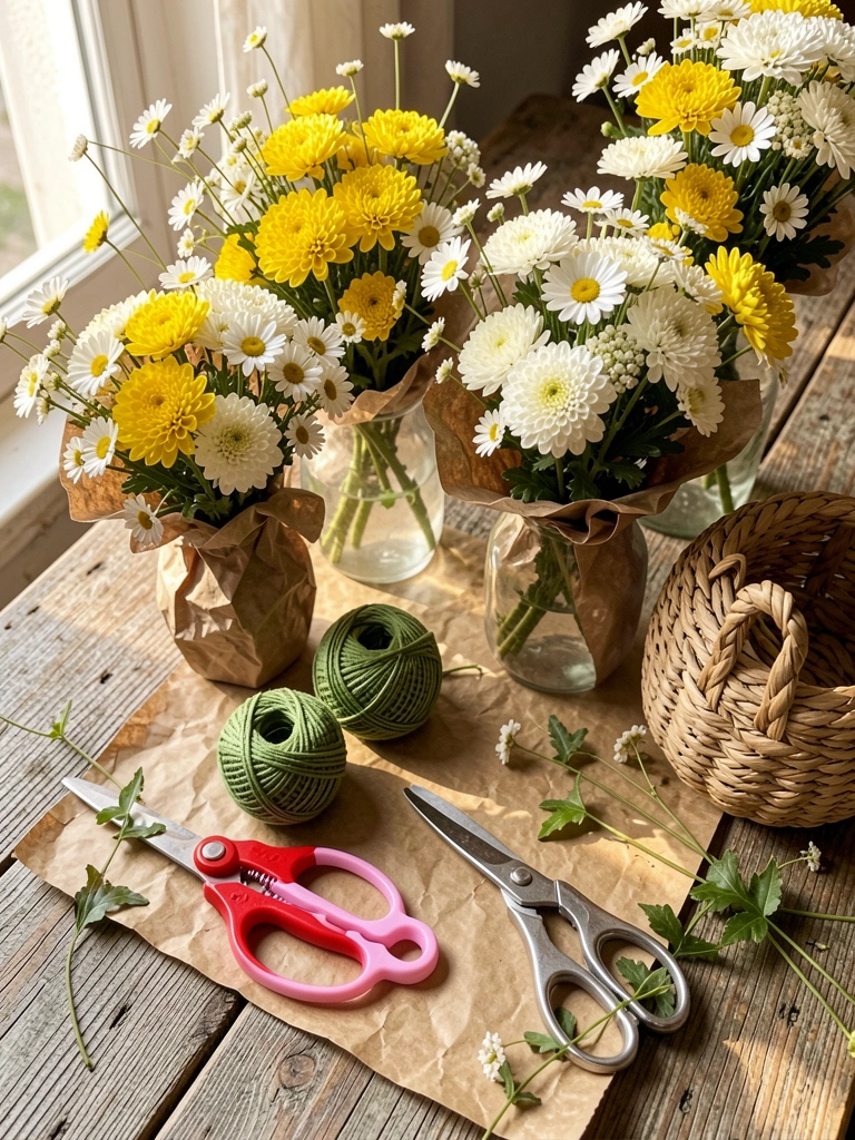 Mesa rústica de madeira com vasos de crisântemos amarelos e brancos, tesouras e um novelo de barbante verde, luz natural de janela.