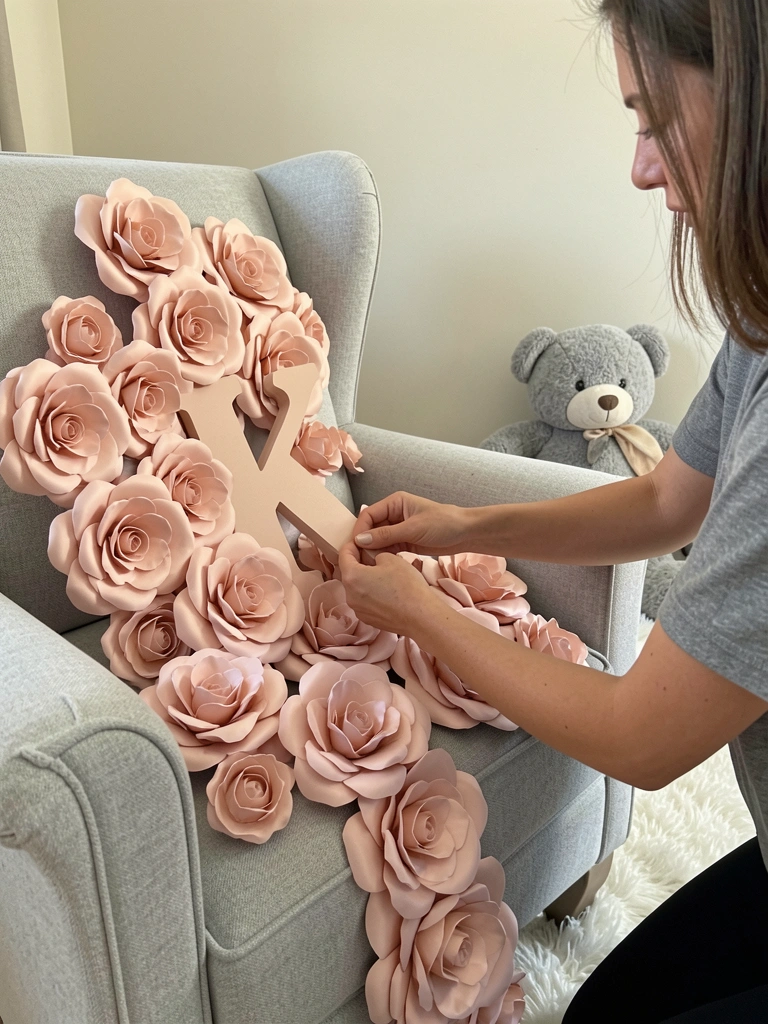 Mãos femininas fixam rosas de papel blush e monograma 