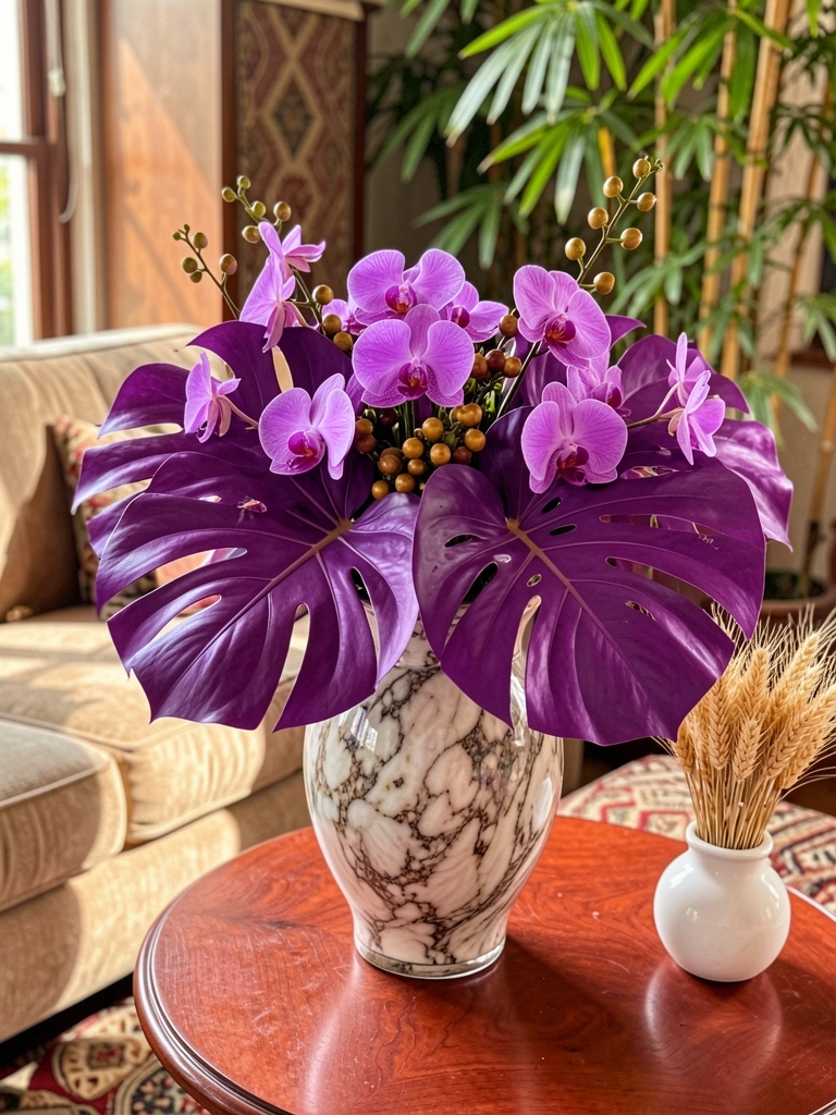 Vaso de vidro ornamentado com folhas roxas de monstera, orquídeas e frutinhas douradas sobre mesa de madeira avermelhada, sofá bege ao fundo e luz natural.