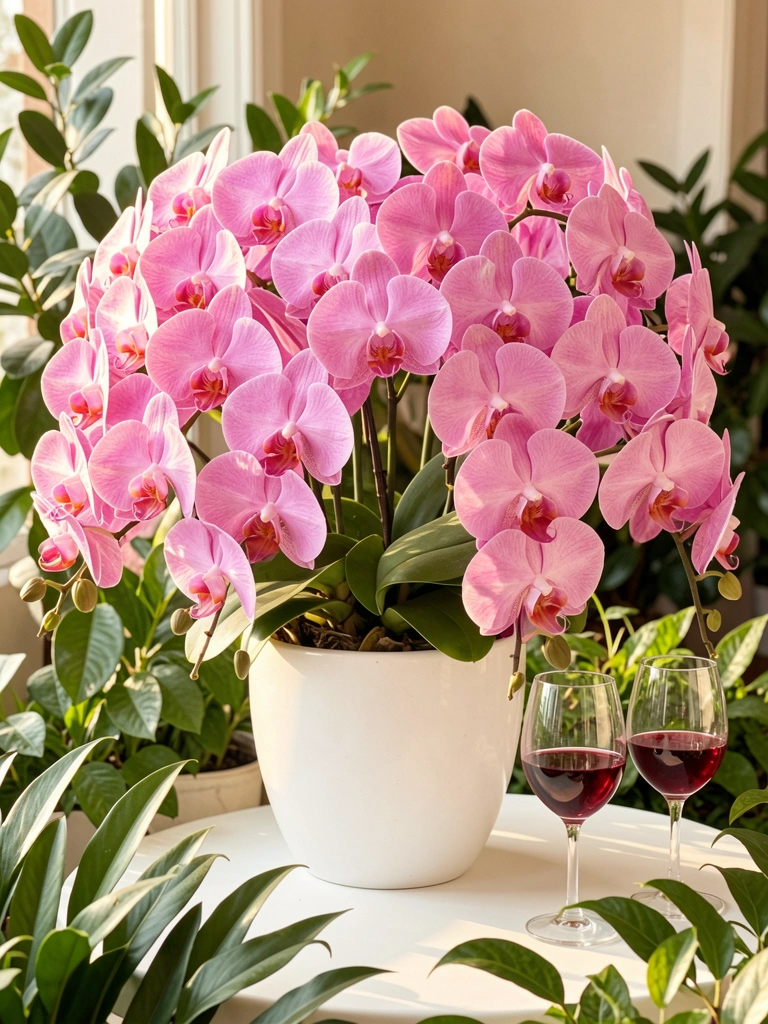 Vaso de cerâmica branco com orquídeas rosas sobre mesa clara, taças de vinho tinto e vegetação verde ao fundo, luz natural suave.