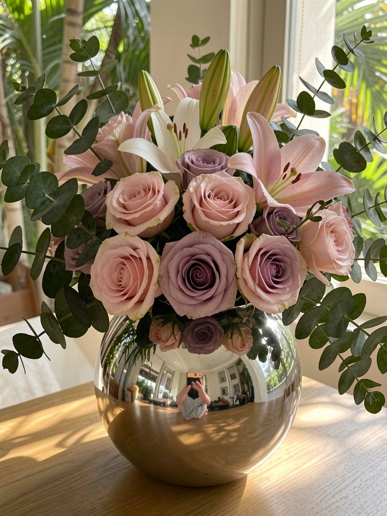 Ramos de eucalipto e rosas cor-de-rosa em vaso prateado polido, luz natural suave.