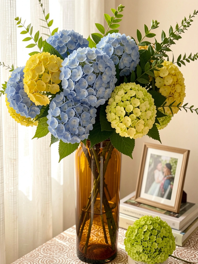 Arranjo floral vibrante em vaso âmbar alto, com hortênsias azuis e amarelas, folhagem verde, luz natural difusa por cortina branca ao fundo.