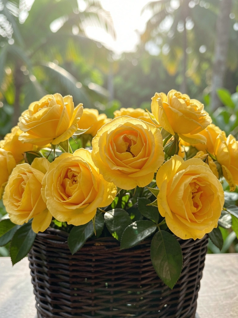 Cesta de vime escura com rosas amarelo-ouro desabrochando, pétalas aveludadas e folhas verdes, luz tropical difusa e fundo desfocado de folhagem.
