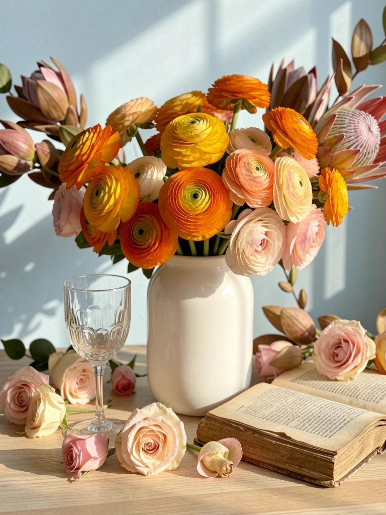 Vaso de cerâmica branco com ranúnculos laranja, rosa e creme, ao lado de taça de vinho e livro antigo sobre mesa de madeira clara, com luz natural e parede azul clara com sombras geométricas.