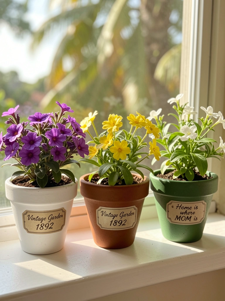 Três vasos de terracota com etiquetas vintage, um branco, um marrom e um verde, com flores roxas, amarelas e verdes em um parapeito sob luz natural.