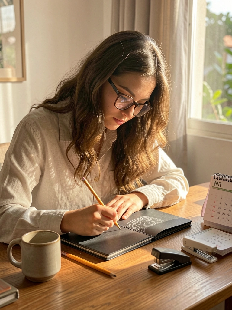 Mulher de cabelos ondulados e óculos desenha em caderno preto sobre mesa de madeira com caneca, lápis e calendário, luz natural suave.