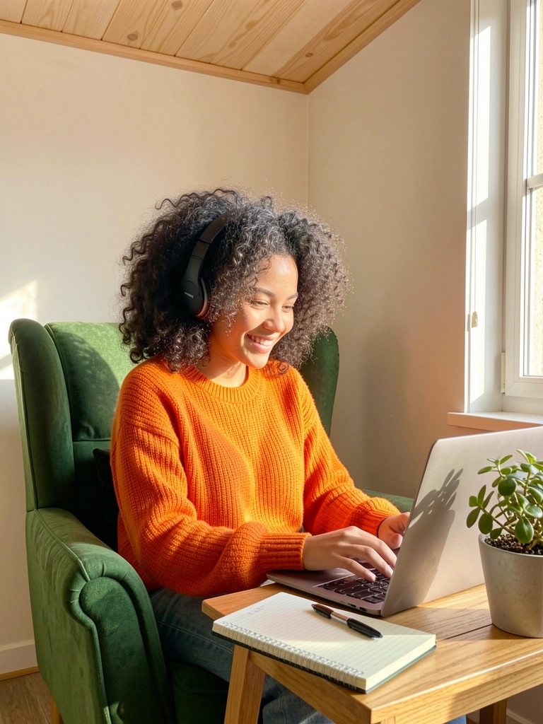 Laptop aberto sobre mesa de madeira clara com caderno, caneta e vaso de planta, moça de cabelo cacheado e suéter laranja ao fundo, luz natural de janela.
