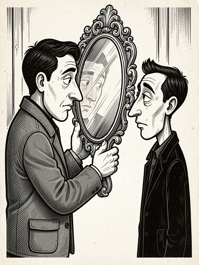 Ilustração preto e branca de duas figuras de desenho animado, uma com jaqueta cinza segurando um espelho de mão ornamentado, observando seu reflexo, a outra com rosto fino e traços exagerados, olhando para a primeira, fundo neutro e textura de gravura vintage.