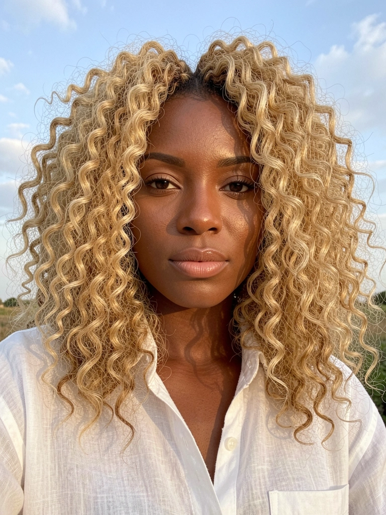 Close-up de uma mulher negra com cabelo cacheado loiro-dourado, camisa de linho branca e luz natural suave ao fundo com céu azul e nuvens.