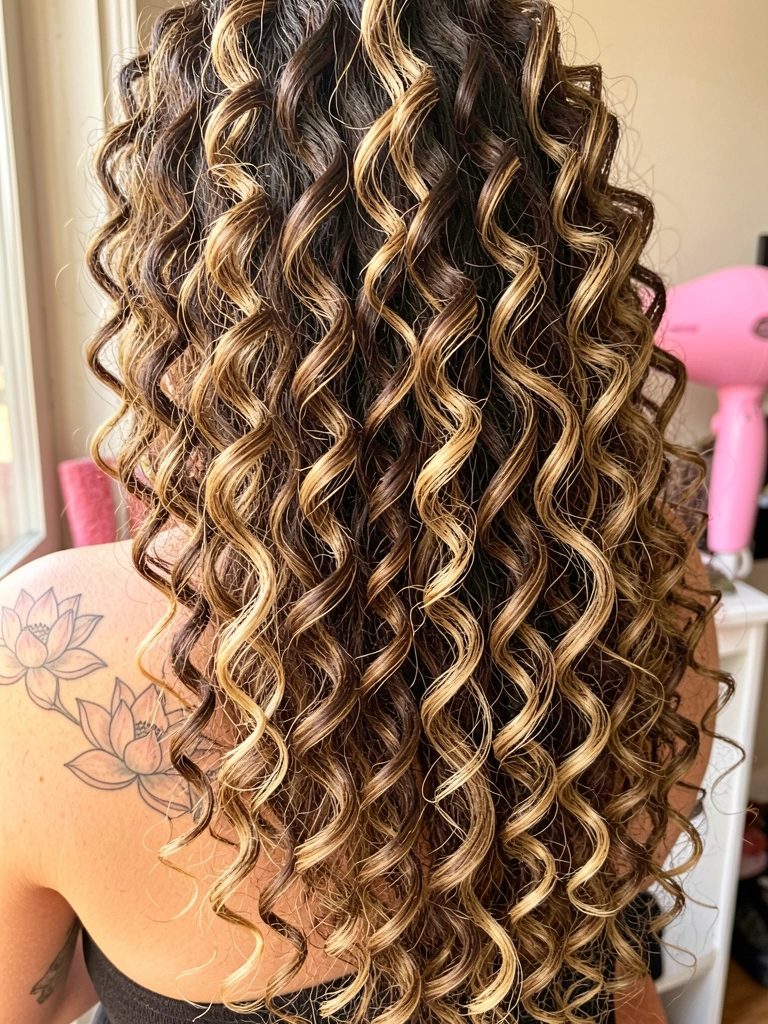 Cabelo cacheado escuro e loiro-dourado cai sobre ombro com tatuagem de lótus; secador rosa ao fundo, luz natural suave.