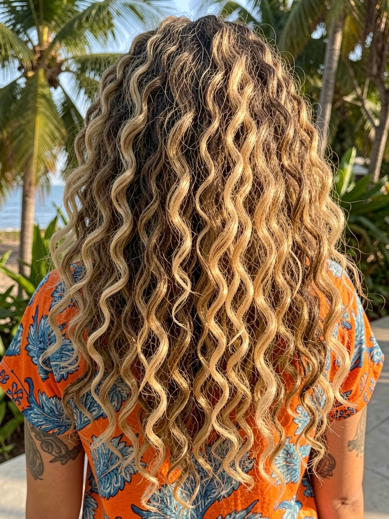 Balayage em cabelo cacheado longo com tons loiros quentes e raiz escura, mulher de blusa laranja e azul, braço com tatuagem, luz natural tropical.