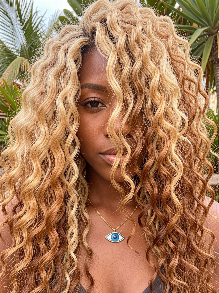 Close de cabelo cacheado honey-blonde com balayage, colar de ouro com pingente de olho azul, fundo com folhagem tropical e luz natural suave.