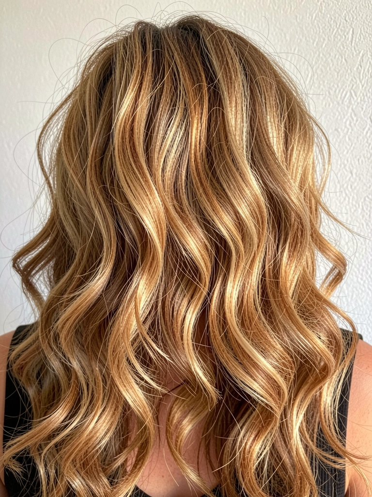 Close-up de cabelos cacheados com balayage em tons de mel, caramelo e marrom claro, iluminados por luz natural difusa, fundo branco texturizado.