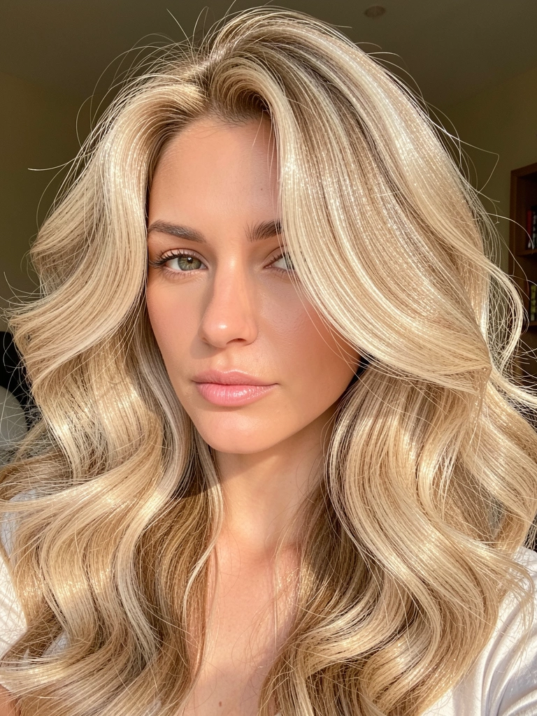 Retrato de mulher com cabelo loiro claro ondulado e volumoso, luz natural suave, fundo interno com brisa.
