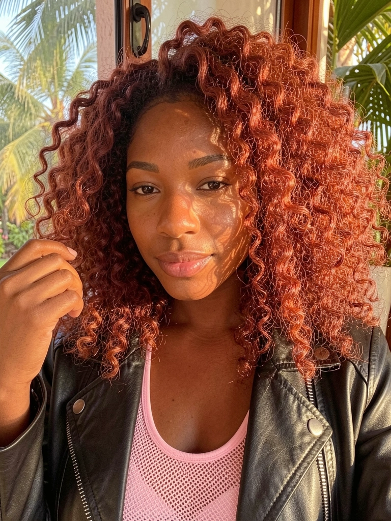 Mulher negra com cabelo cacheado avermelhado tocando um fio, blusa rosa clara e jaqueta de couro preta, luz natural filtrada por janela.