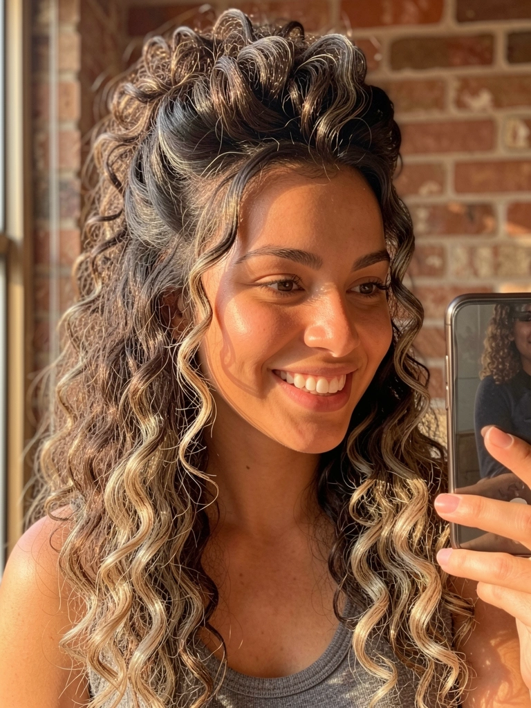 Jovem com cabelos crespos castanhos e mechas loiras presos em coque volumoso, sorrindo, com smartphone refletindo sua imagem ao fundo e parede de tijolos desfocada.