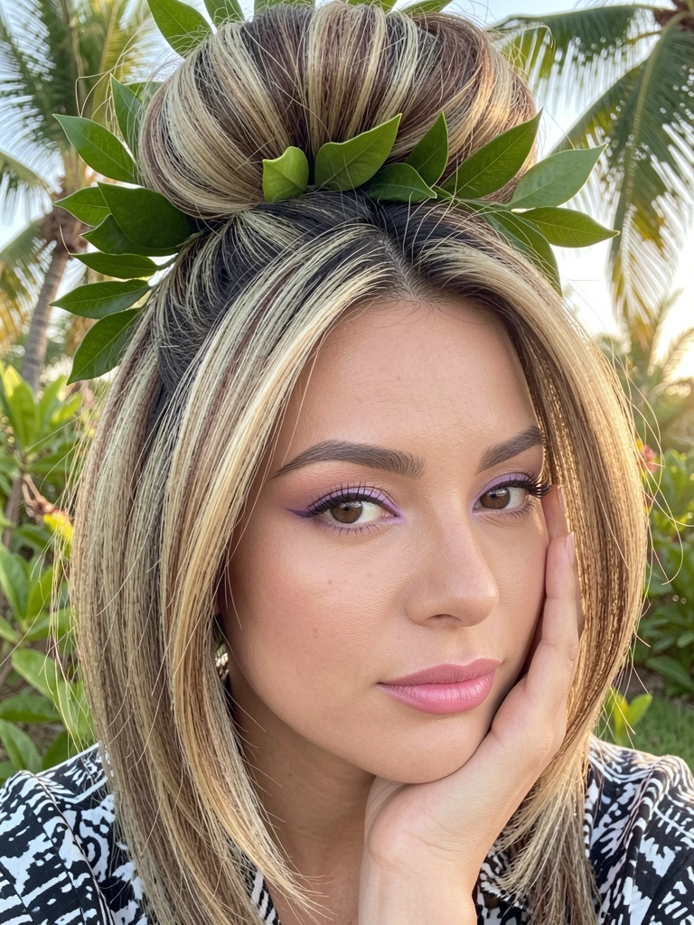 Mulher com cabelo balayage loiro e marrom preso em coque alto adornado com folhas verdes, camisa preta e branca, mão no rosto, luz natural suave.