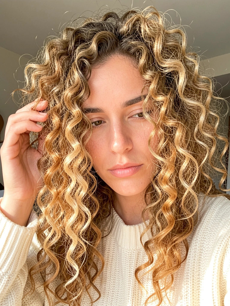 Mulher de cabelos cacheados com mechas loiro-caramelo, toca os fios com expressão contemplativa, suéter creme e luz natural suave ao fundo.