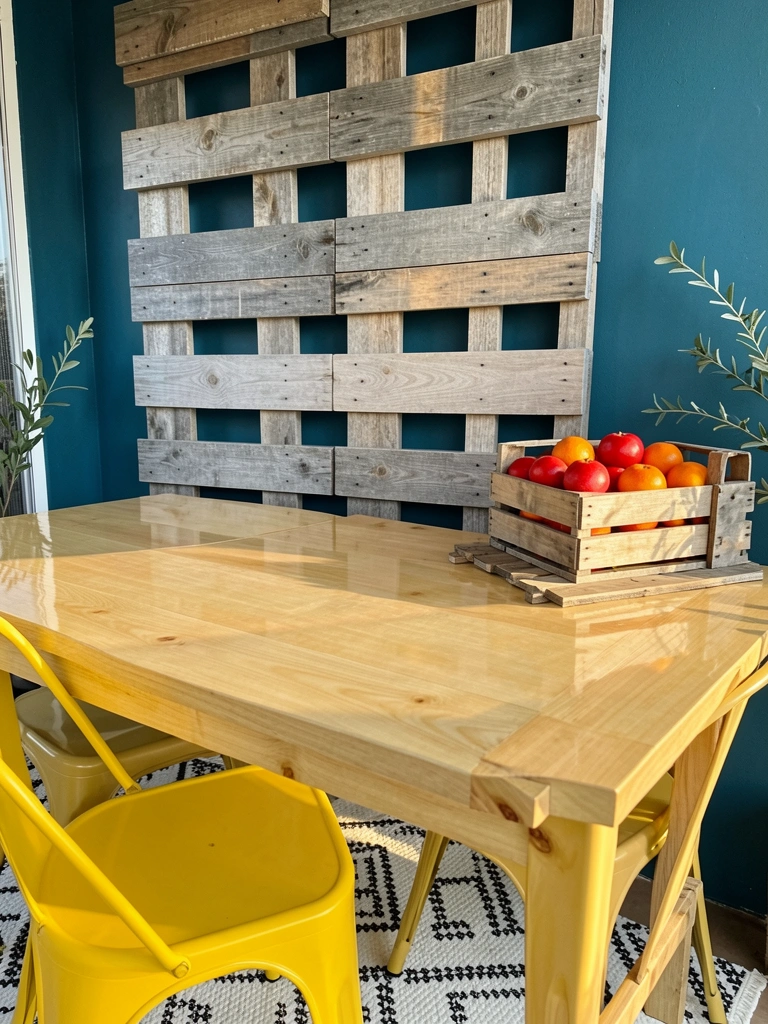 Prateleira de pallet desgastado com cesto de frutas vermelhas e laranjas, mesa de madeira com verniz brilhante e cadeira amarela ao lado, parede azul-petróleo ao fundo.