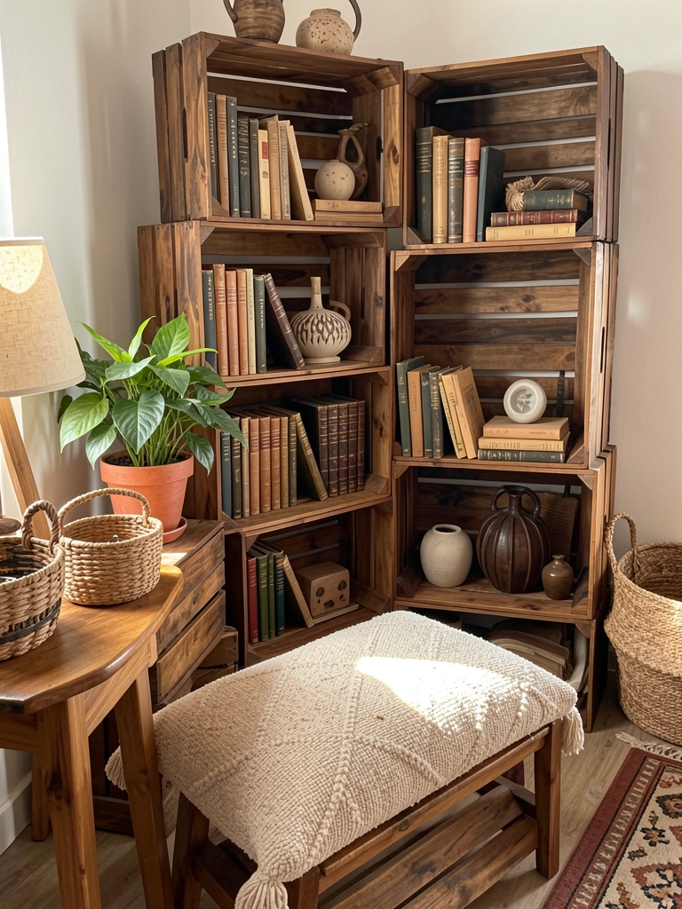 Caixotes de madeira rústica empilhados como estantes, com livros, vaso de planta e cesto de vime, luz natural.