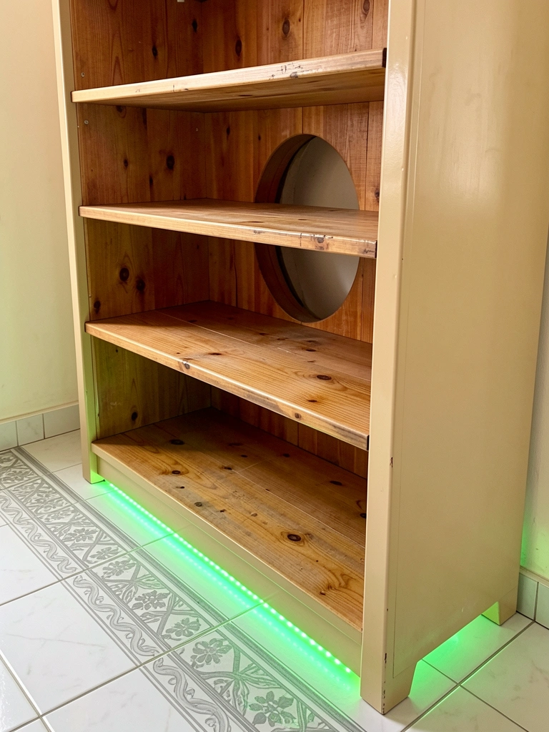 Armário rústico de madeira clara com prateleiras e recorte circular, luzes LED verdes na base, piso de ladrilho cinza com borda decorativa.