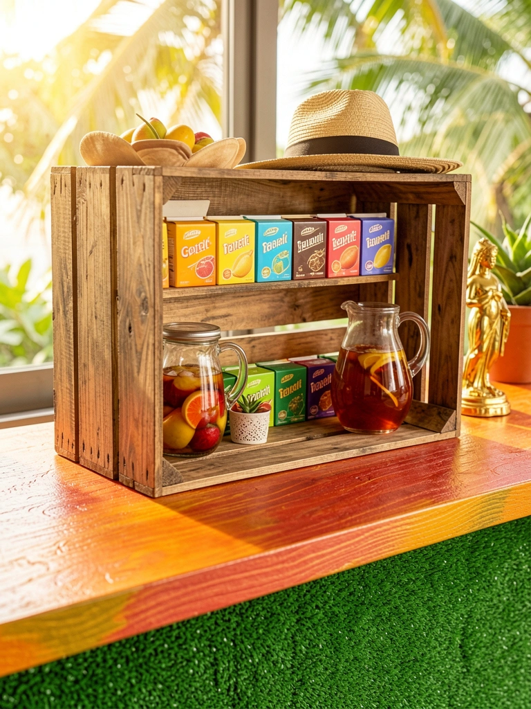 Bancada de cozinha com pintura texturizada, caixote de madeira com bebidas coloridas, jarra de chá gelado e chapéu de palha, luz natural intensa.