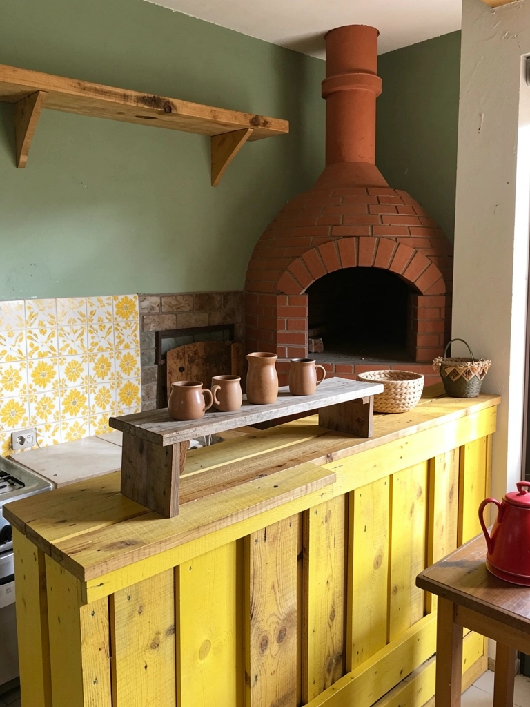 Bancada de madeira de palete amarela com forno de pizza de tijolos e chaminé de terracota ao fundo, luz natural quente.