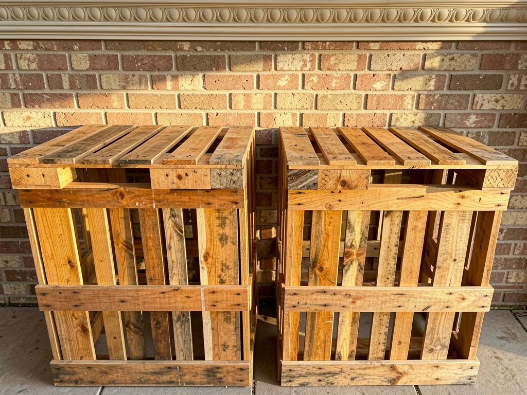 Luz natural incide sobre duas mesas rústicas de pallets com madeira desgastada e tons de mel, encostadas em parede de tijolos com moldura.