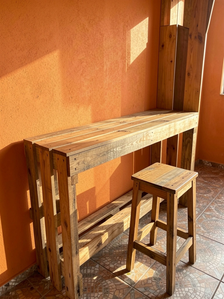 Balcão de madeira rústica de pallets encostado em parede laranja texturizada, banco de pallet ao lado, luz natural incide da esquerda.