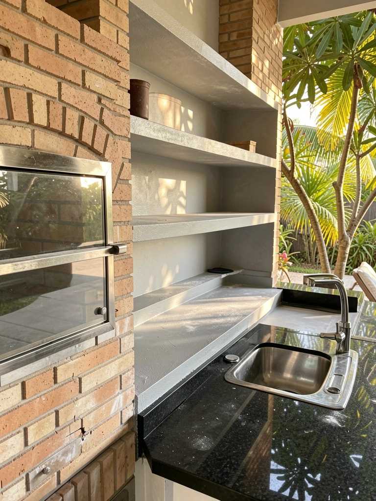 Forno de tijolos com janela de vidro refletivo, bancada de granito preto com pia de aço inoxidável e prateleiras embutidas com pó branco, luz natural filtrando por folhas.