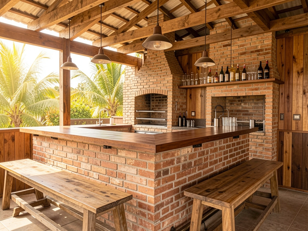 Parede de tijolos aparentes, bar de madeira rústica com garrafas em prateleira, luz natural e pendentes de metal.