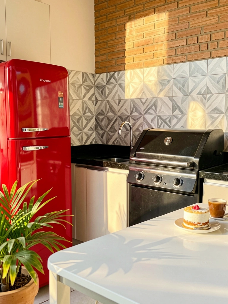 Bancada de granito preto com geladeira vermelha e churrasqueira, backsplash geométrico cinza e branco, bolo e café sobre mesa branca, vaso de planta sob luz tropical.