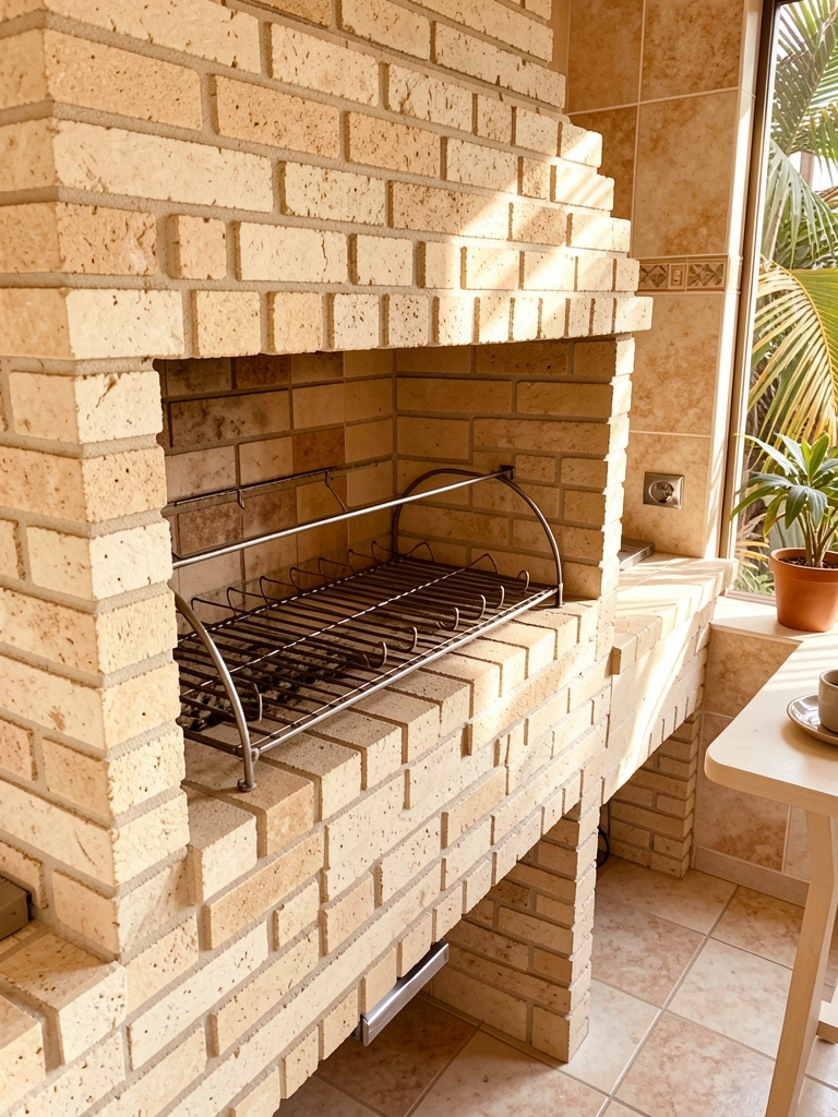 Churrasqueira rústica de tijolos claros com sistema de grelhas metálicas, cercada por azulejos bege e marrom, mesa pequena com vaso ao fundo e luz natural filtrada.