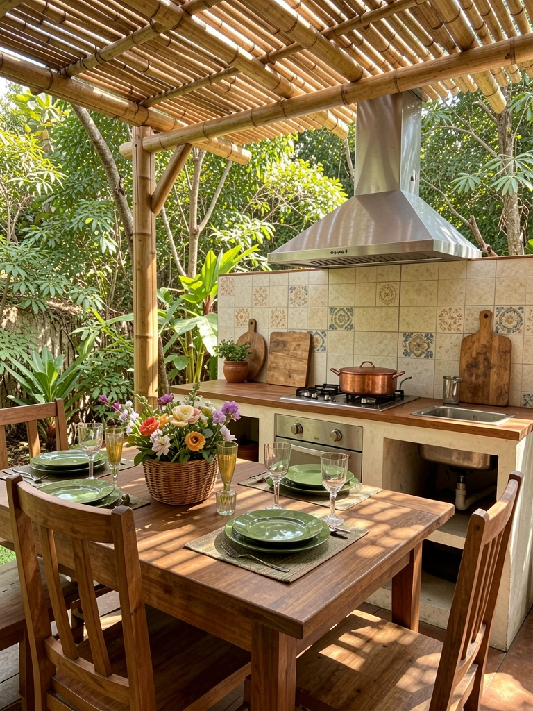 Cozinha rústica externa com bancada de madeira, exaustor de aço inox e cesto de flores frescas sob pérgola de bambu, luz natural filtrada.