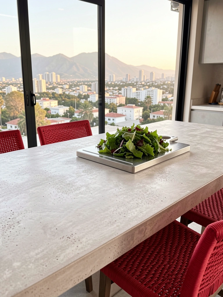 Bancada de concreto texturizado com salada em tábua de aço, cadeiras de palha vermelhas e vista urbana pela janela.