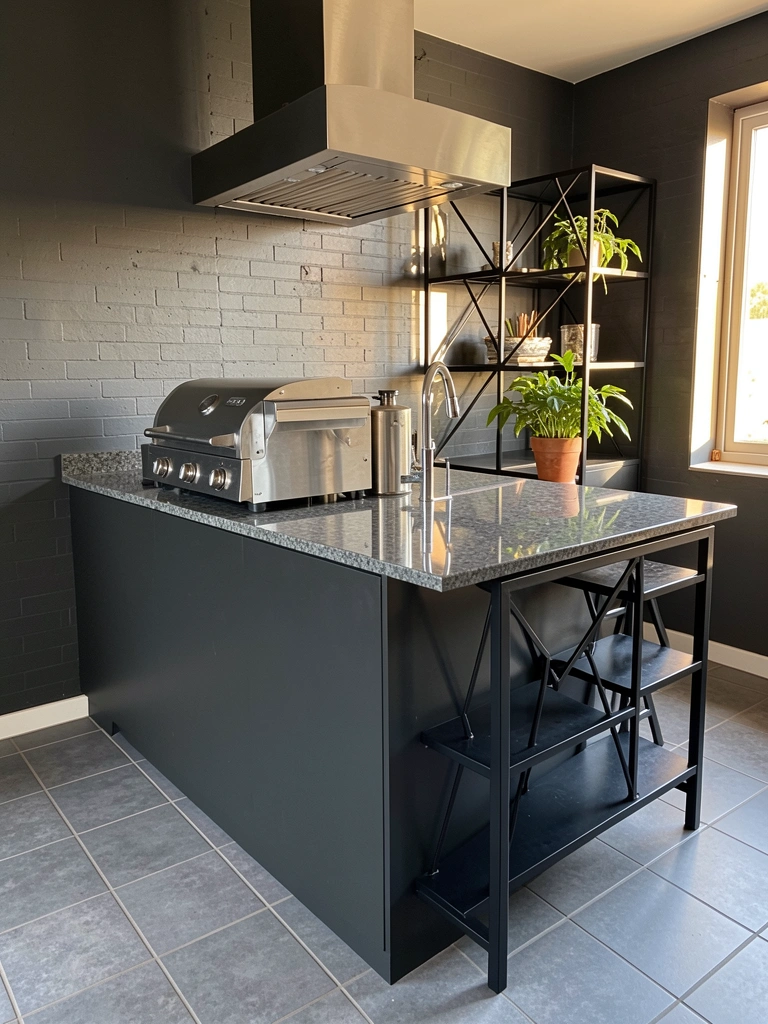 Ilha de cozinha moderna com bancada de granito cinza escuro, grill de aço inoxidável e prateleira geométrica preta com vaso de planta, luz natural e parede de tijolos expostos ao fundo.