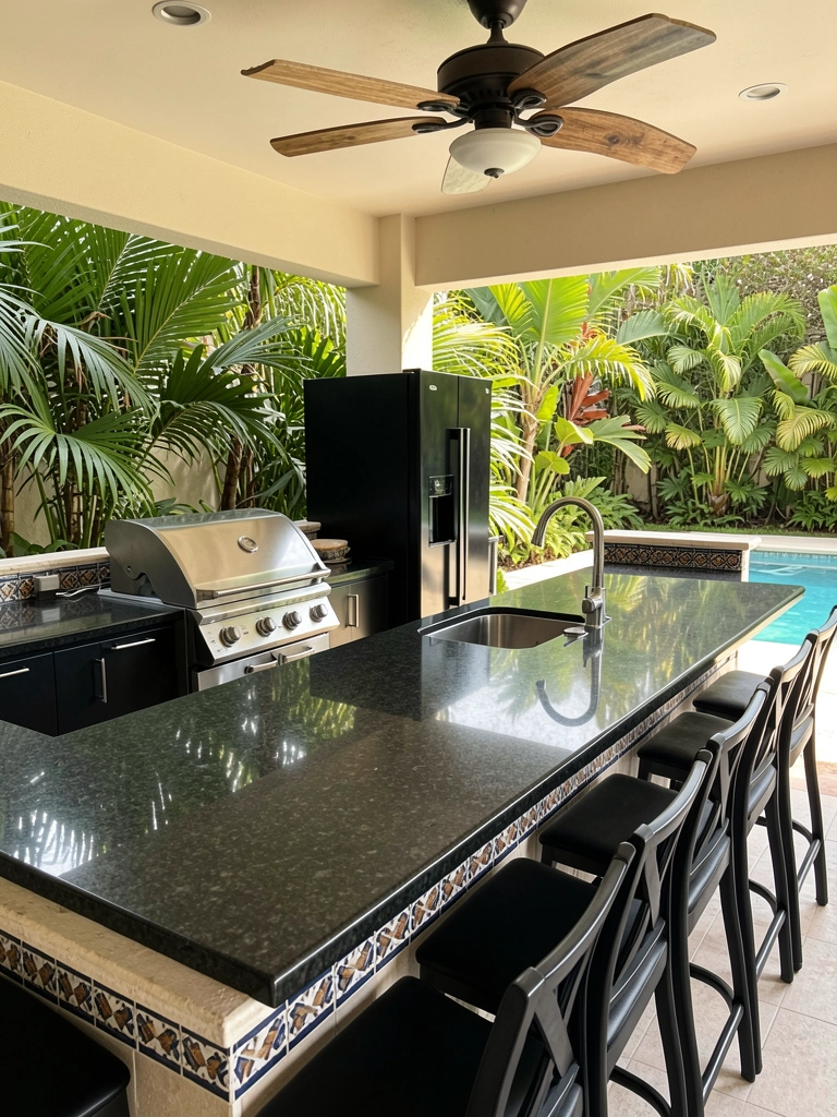 Bancada de granito preto com grill de aço inoxidável e bancos altos, luz natural e vegetação tropical ao fundo.