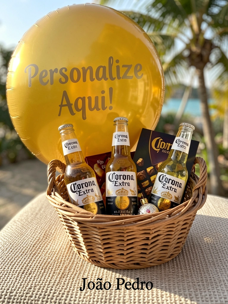 Cesta de presente com garrafas de Corona Extra, caixa de chocolates e balão dourado escrito 