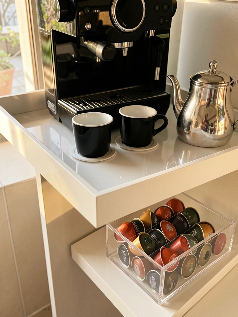 Bandeja branca refletindo cafeteira preta e xícaras, caixa acrílica com cápsulas de café, bule prateado, luz natural.
