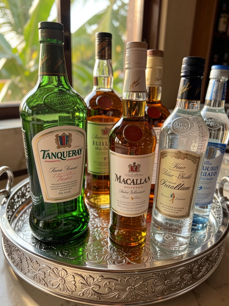 Bandeja de prata com detalhes florais, garrafas de Tanqueray, Macallan e água com gás sob luz natural.