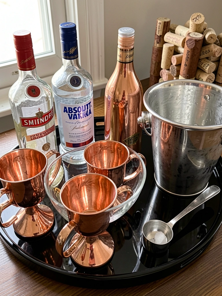 Garrafas de Smirnoff e Absolut Vodka, copos de cobre e balde de prata sobre bandeja preta brilhante, com luz natural destacando reflexos metálicos.