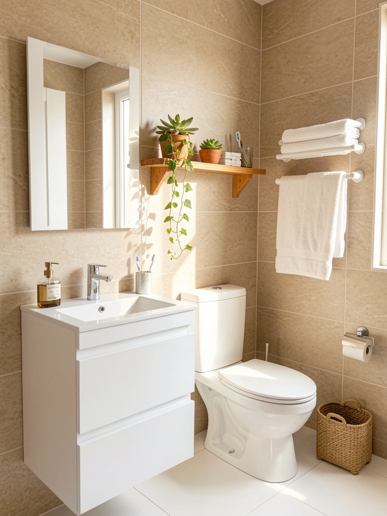 Bege azulejado texturizado, bancada branca com cuba quadrada, vaso sanitário e prateleira de madeira com suculenta e planta pendente, luz natural de janela.