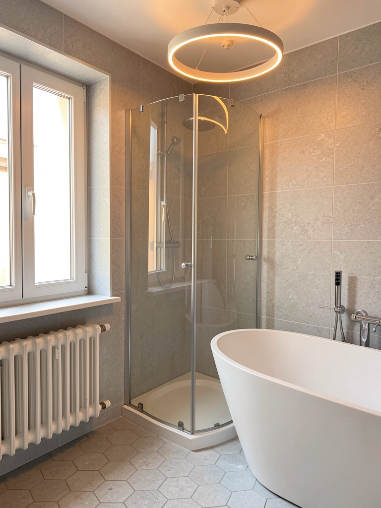 Box de vidro curvo e banheira branca em banheiro com azulejos cinza claro, luz quente de anel LED e luz natural da janela.